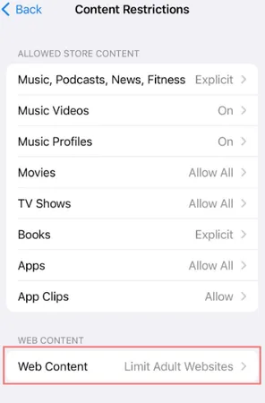 Web content restrictions Web content restrictions