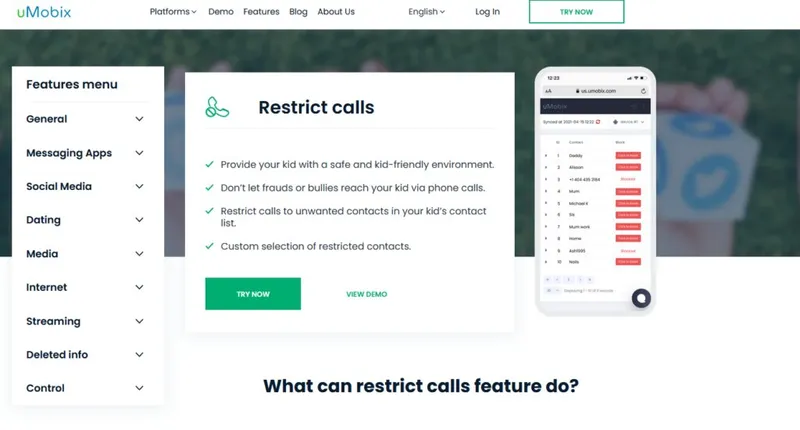 The Restrict Calls feature details from uMobix The Restrict Calls feature details from uMobix