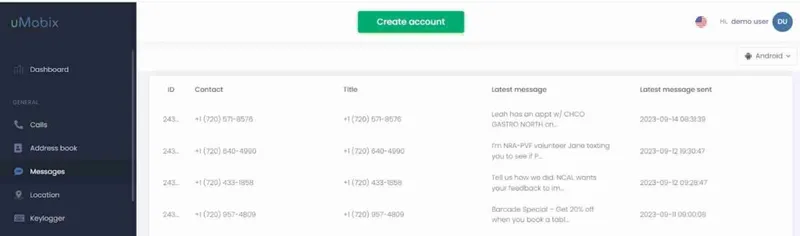 How a user sees text messages in their uMobix userspace How a user sees text messages in their uMobix userspace
